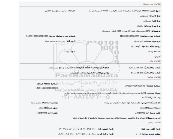 مزایده، 33/6 شعیرپلاک ثبتی 9فرعی از 4955 اصلی بخش یک