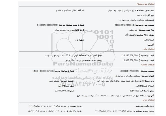 مزایده، سرقفلی یک باب واحد تجاری