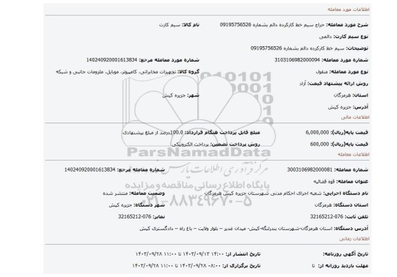مزایده، سیم خط کارکرده دائم بشماره 09195756526