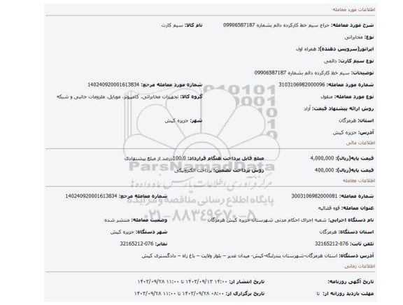 مزایده، سیم خط کارکرده دائم بشماره 09906587187