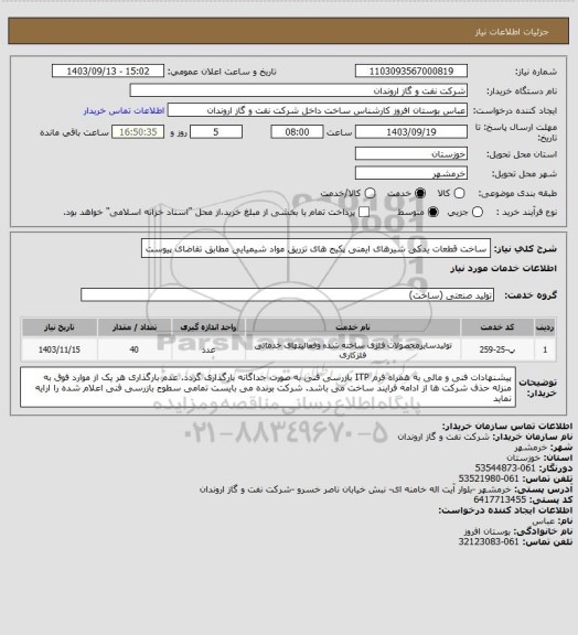 استعلام ساخت قطعات یدکی شیرهای ایمنی پکیج های تزریق مواد شیمیایی مطابق تقاضای پیوست