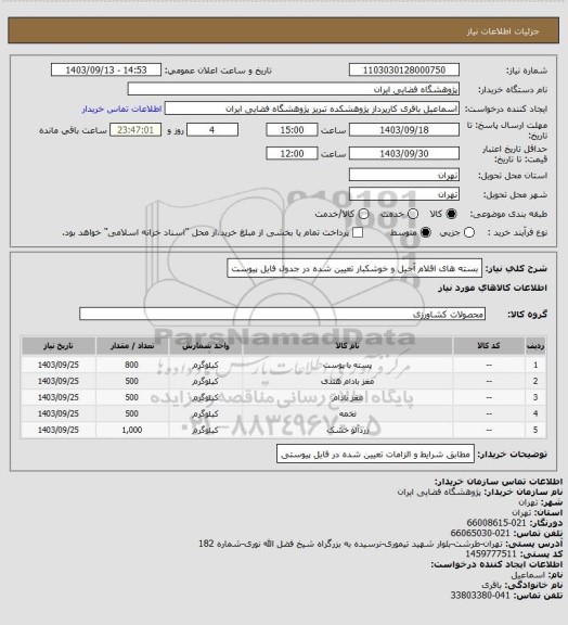 استعلام بسته های اقلام آجیل و خوشکبار تعیین شده در جدول فایل پیوست