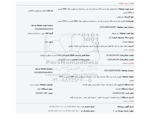 مزایده، فروش یک و نیم دانگ مشاع از یک باب ساختمان مسکونی پلاک 2684 فرعی از 2044 اصلی