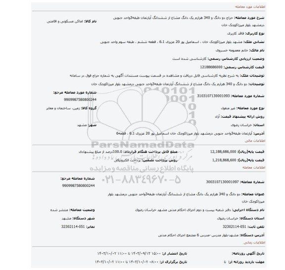 مزایده، دو دانگ و 340 هزارم یک دانگ مشاع از ششدانگ آپارتمان طبقه3واحد جنوبی درمشهد بلوار میرزاکوچک خان