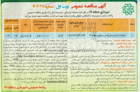 مناقصه عملیات ابنیه متفرقه در سطح منطقه 19