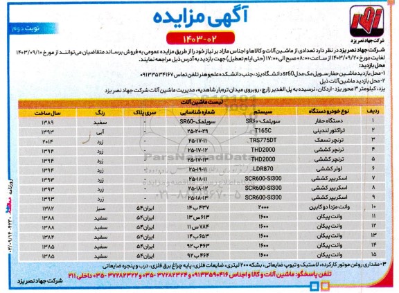 مزایده فروش تعدادی از ماشین آلات و کالاها و اجناس مازاد نوبت دوم