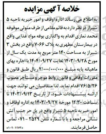 خلاصه آگهی مزایده واگذاری بوفه مواد غذایی