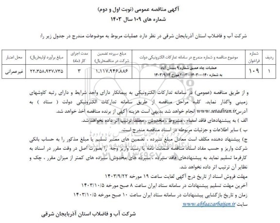 مناقصه عملیات چاه عمیق شماره 9 بستان آباد 
