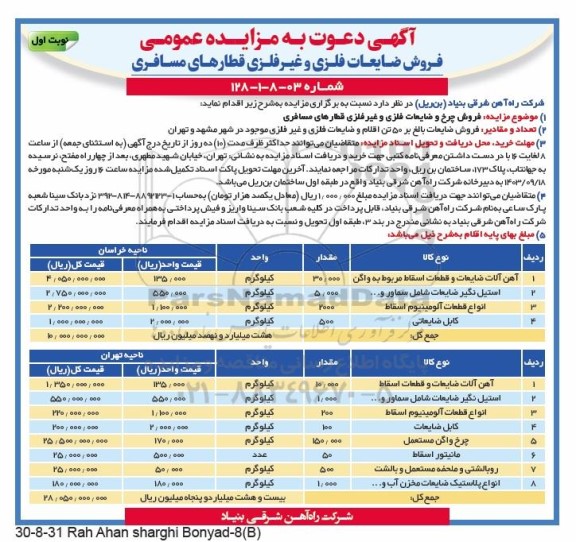 مزایده فروش ضایعات فلزی و غیرفلزی قطارهای مسافری