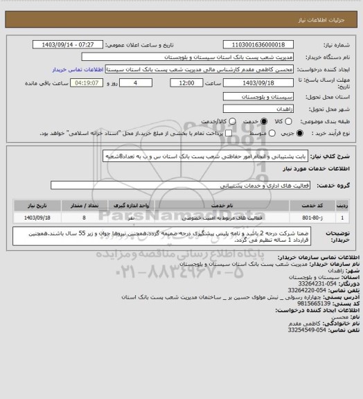 استعلام بابت پشتیبانی و انجام امور حفاظتی شعب پست بانک استان س و ب به تعداد8شعبه