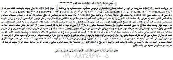 مزایده فروش یک ساعت آب کشاورزی به همراه اراضی