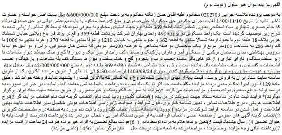 مزایده فروش یک واحد مسکونی در پروژه 493 واحدی بهاران شرکت پازدشت قطعه 369