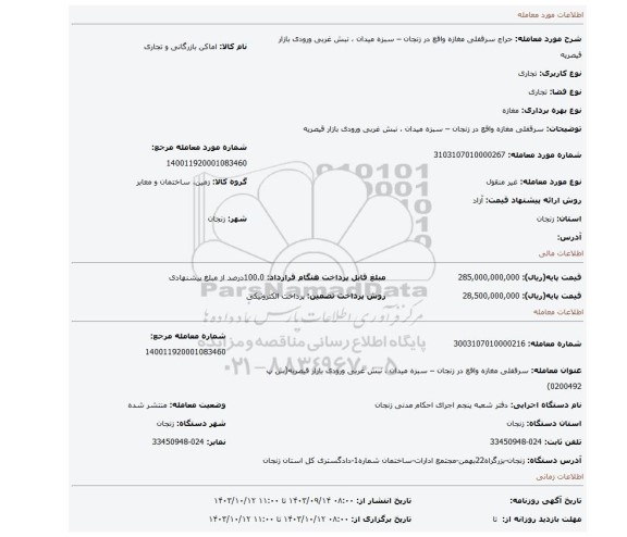 مزایده، سرقفلی مغازه واقع در زنجان – سبزه میدان ، نبش غربی ورودی بازار قیصریه