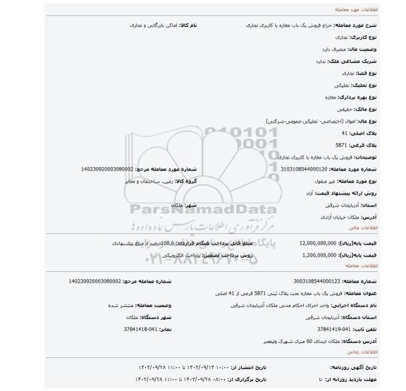 مزایده، فروش یک باب مغازه با کاربری تجاری