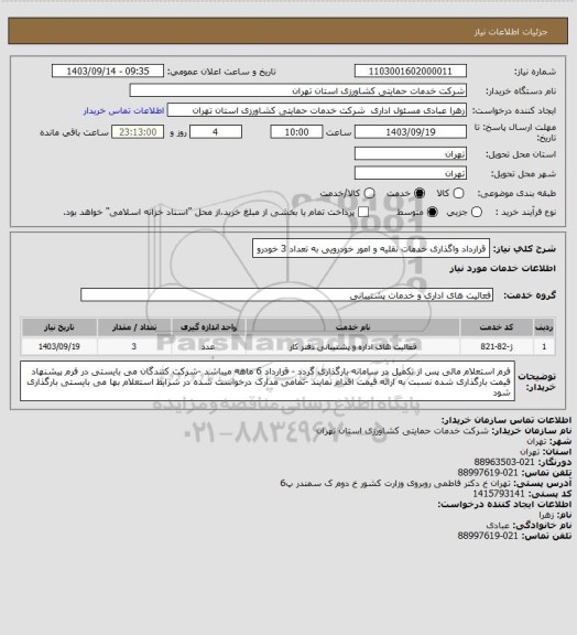 استعلام قرارداد واگذاری خدمات نقلیه و امور خودرویی به تعداد 3 خودرو