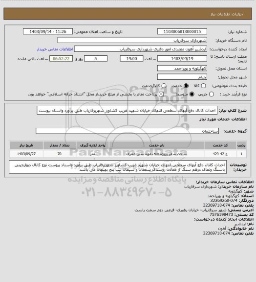 استعلام احداث کانال دفع آبهای سطحی انتهای خیابان شهید غریب کشاورز شهریرفاریاب طبق برآورد واسناد پیوست