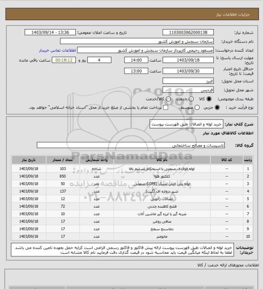 استعلام خرید لوله و اتصالات طبق فهرست پیوست