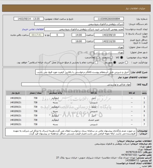 استعلام آجیل و شیرنی طبق استعلام پیوست.کالای درخواستی با بالاترین کیفیت مورد قبول می باشد.