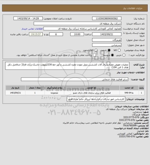 استعلام عملیات تعویض مقره و یراق آلات کششی،دوبل نمودن مقره کششی و آویز خط 230کیلوولت جاسک-زرآباد فاز3( حدفاصل دکل های 1 الی 104)