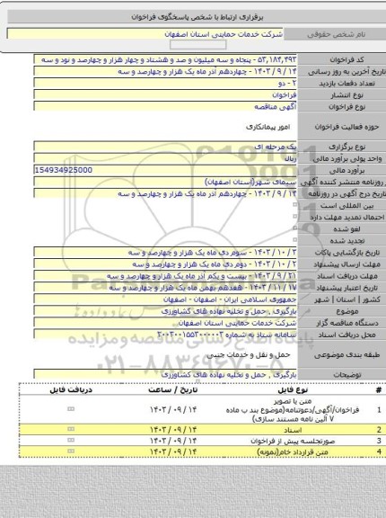 مناقصه, بارگیری ٬ حمل و تخلیه نهاده های کشاورزی