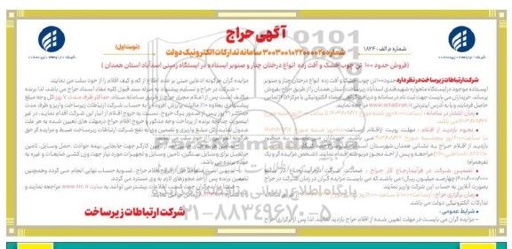 آگهی حراج فروش حدود 100 تن چوب خشک و آفت زده انواع درختان چنار و صنوبر...