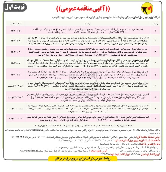 آگهی مناقصه عمومی   نصب 20 هزار دستگاه مودم ریلی قرائت کنتورهای فهام 2..