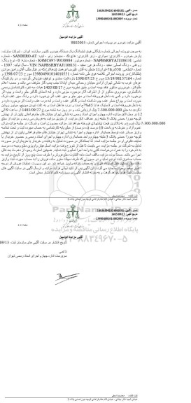 مزایده فروش سواری هاچ بک رنو تیپ SANDERO-AT مدل 1397