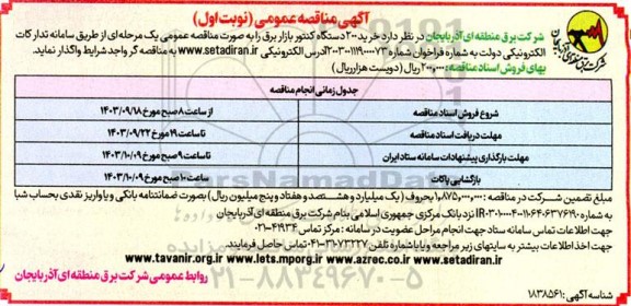 مناقصه عمومی خرید 200 دستگاه کنتور بازار برق
