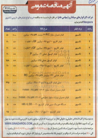 مناقصه خرید انواع فیلترهای دارویی نکسپور nexpore