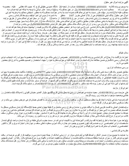 مزایده فروش میزان شش دانگ عرصه و اعیان یک دستگاه آپارتمان شخصی با کاربری مسکونی به مساحت 153/46مرمربع