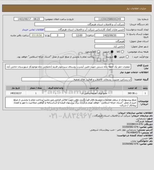 استعلام عملیات حفر یک حلقه چاه دستی جهت تامین آبشرب روستای سیدجوذر قدیم (جابجایی چاه موجود)از شهرستان حاجی آباد