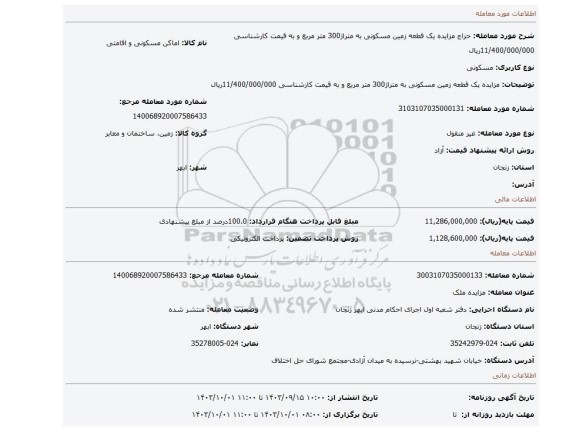 مزایده، مزایده یک قطعه زمین مسکونی به متراژ300 متر مربع و به قیمت کارشناسی 11/400/000/000ریال
