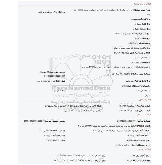 مزایده، 6 دانگ یک باب ساختمان مسکونی به مساحت عرصه 199/96 متر مربع