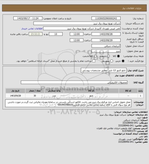 استعلام تابلو کنتور 12 تایی مطابق مشخصات پیوستی