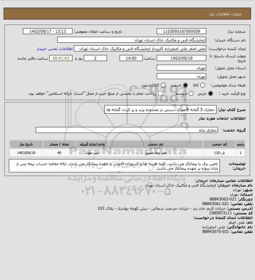 استعلام حفاری 5 گمانه 8 متری  دستی در محدوده پرند و پر کردن گمانه ها