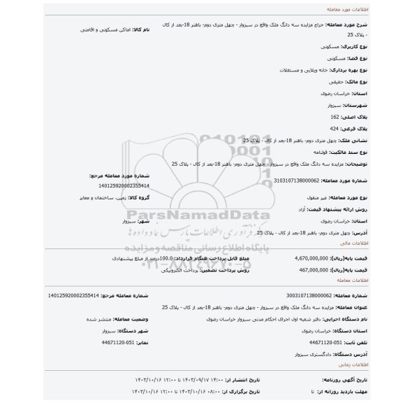 مزایده، مزایده سه دانگ   ملک واقع در سبزوار - چهل متری دوم- باهنر 18-بعد از کال - پلاک 25