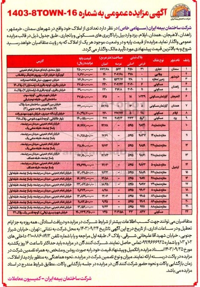 مزایده عمومی واگذاری تعدادی از املاک با کاربری های مسکونی و یا تجاری 