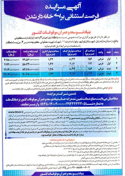مزایده واگذاری اعیان 4 واحد آپارتمان مسکونی