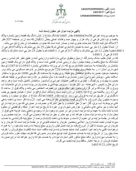 مزایده یک قطعه زمین به شماره پلاک یکصد و نود و شش فرعی از یک هزار و چهارصد و هشتاد اصلی