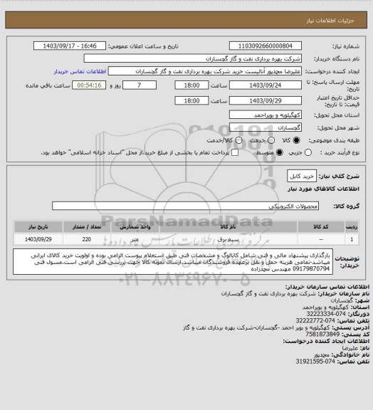 استعلام خرید کابل