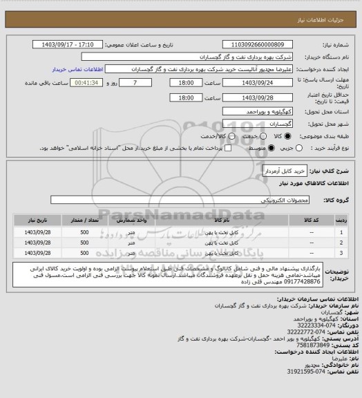 استعلام خرید کابل آرمردار