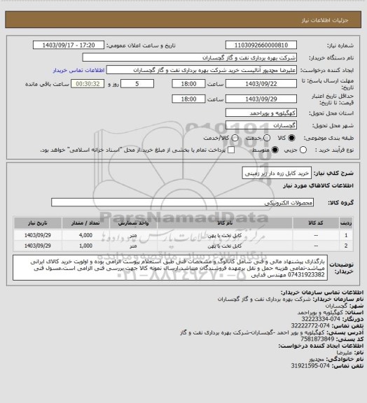 استعلام خرید کابل زره دار زیر زمینی
