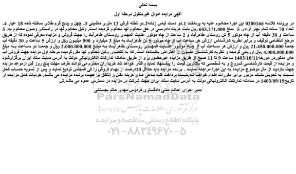 مزایده 5 ساعت و 30 دقیقه آب چاه موتور عنایت المهدی روستای طاهرآباد
