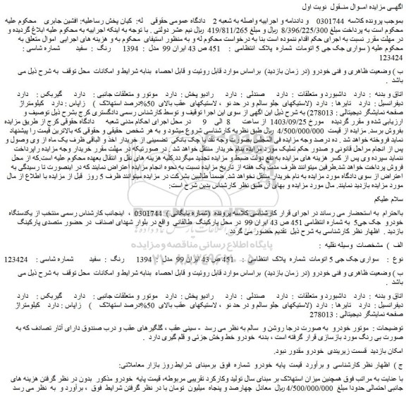 مزایده سواری جک جی 5 اتومات مدل : 1394 رنگ : سفید