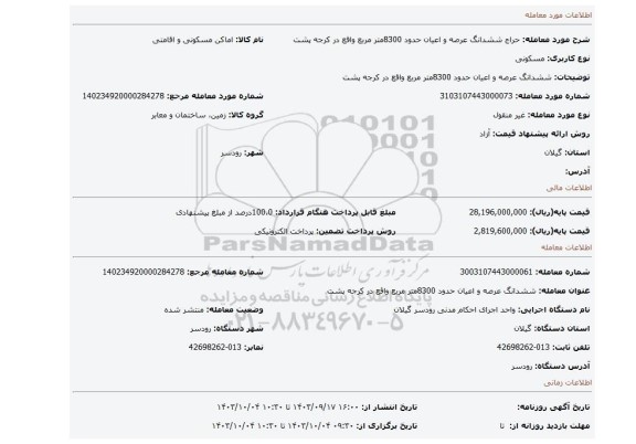 مزایده، ششدانگ عرصه و اعیان حدود 8300متر مربع واقع در کرجه پشت