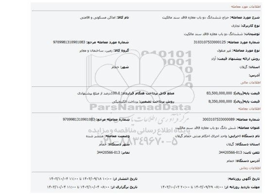 مزایده، ششدانگ دو باب مغازه فاقد سند مالکیت