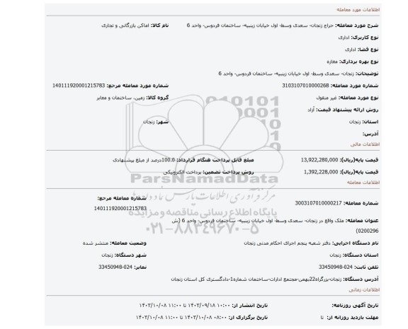 مزایده، زنجان- سعدی وسط- اول خیابان زینبیه- ساختمان فردوس- واحد 6