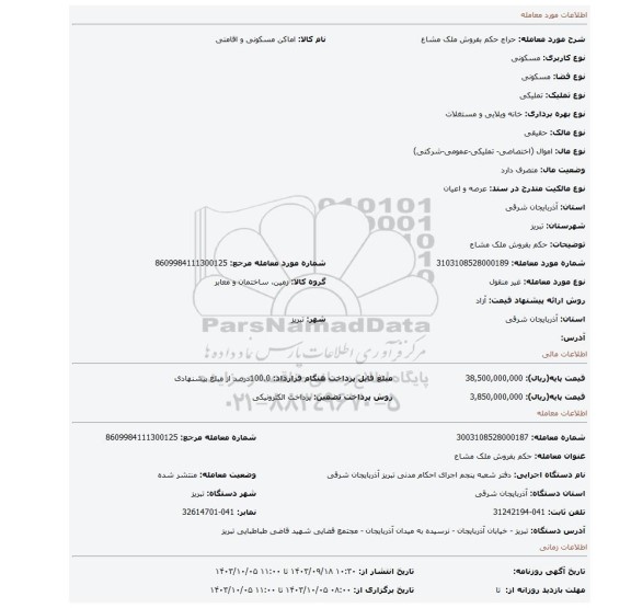 مزایده، حکم بفروش ملک مشاع