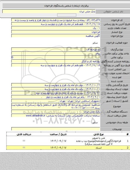 مناقصه, مناقصه عمومی دو مرحله ای واگذاری امور خدماتی و  پول رسانی به شماره ثبت ستاد ۲۰۰۳۰۰۱۰۵۶۰۰۰۰۱۴