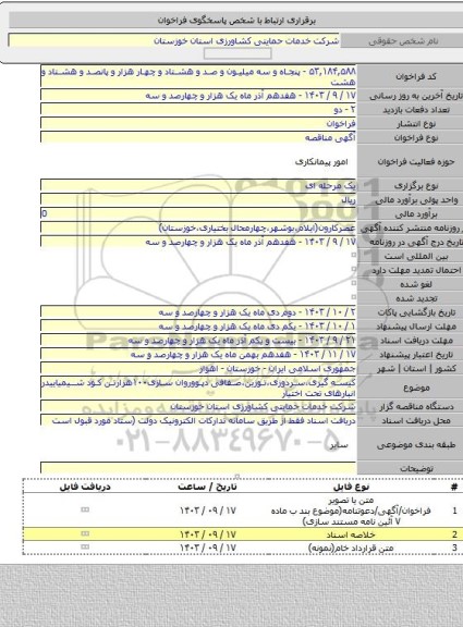 مناقصه, کیسه گیری،سردوزی،توزین،صفافی دپووروان سازی۱۰۰هزارتن کود شیمیاییدر انبارهای تحت اختیار